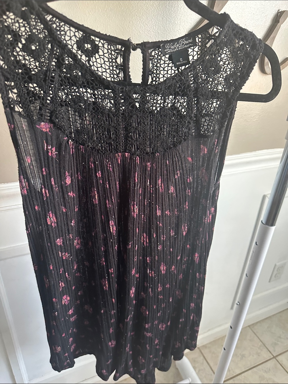 Lucky Brand Black Sleeveless Top with Pink Floral Print and Crochet Yoke